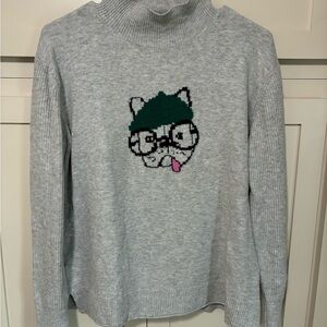 LOFT Gray Cat Graphic Sweater | Mock Neck | Size Medium | Cute Nerd Kitty